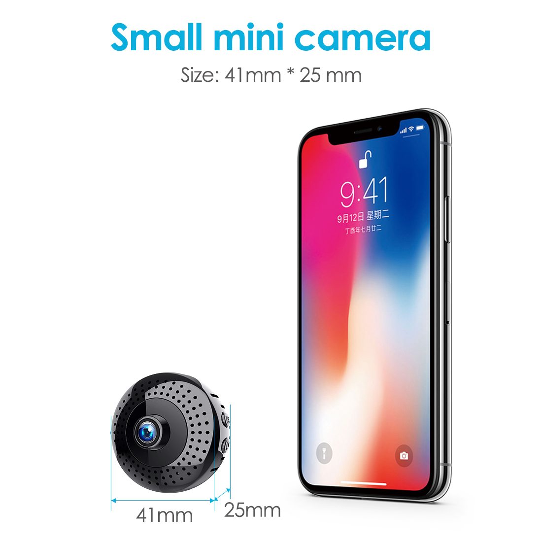 Mini telecamera spia Wi-Fi L27 compatta, dal design rotondo nero e dimensioni di 41 × 25 mm, mostrata accanto a uno smartphone per confrontarne le dimensioni